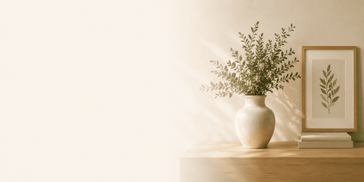 A calm, sunlit corner — a vase of greenery beside a framed botanical print